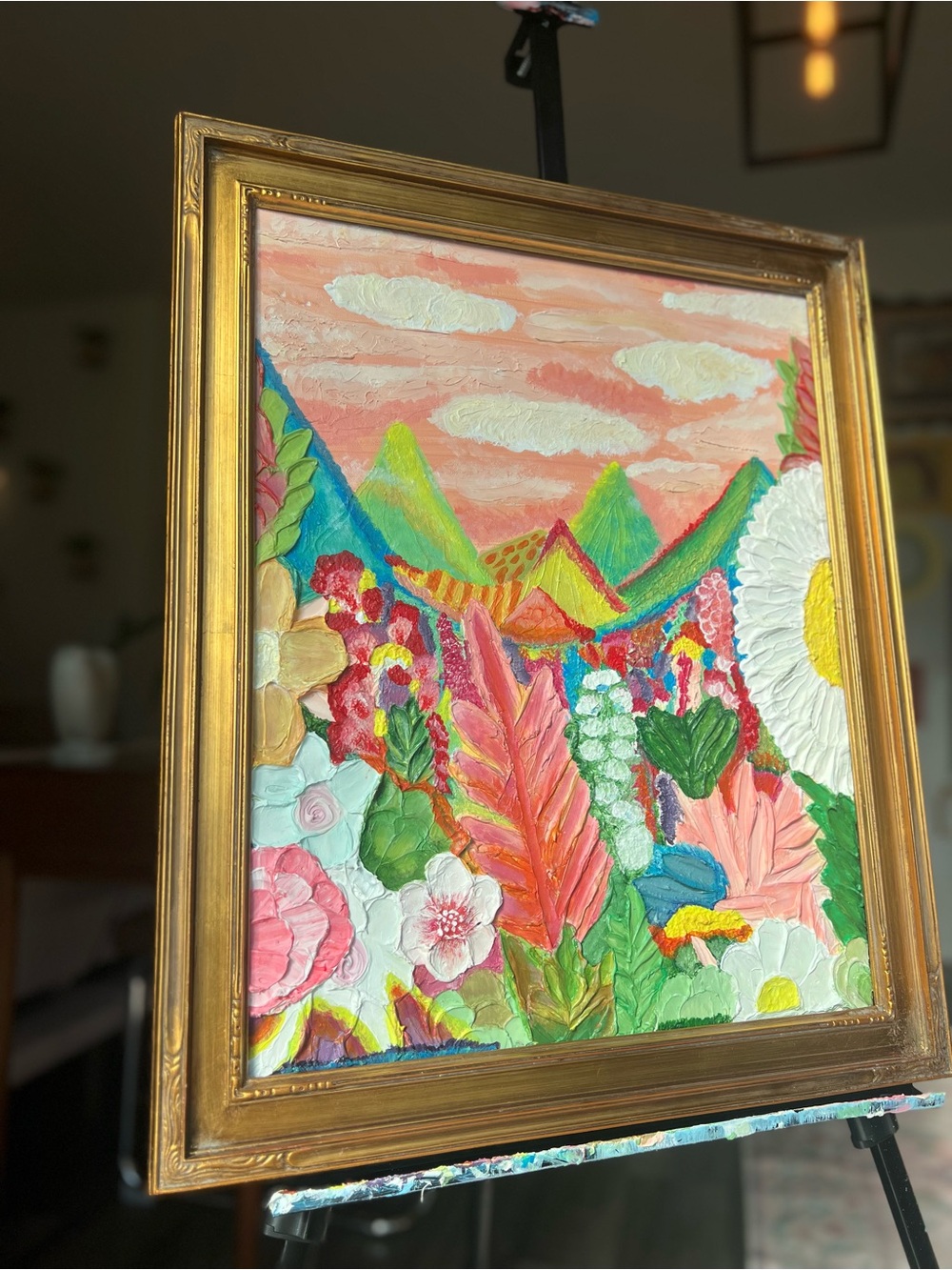 Textured Floral Landscape Painting in Peach, Pink & Green - Picture 7 of 10